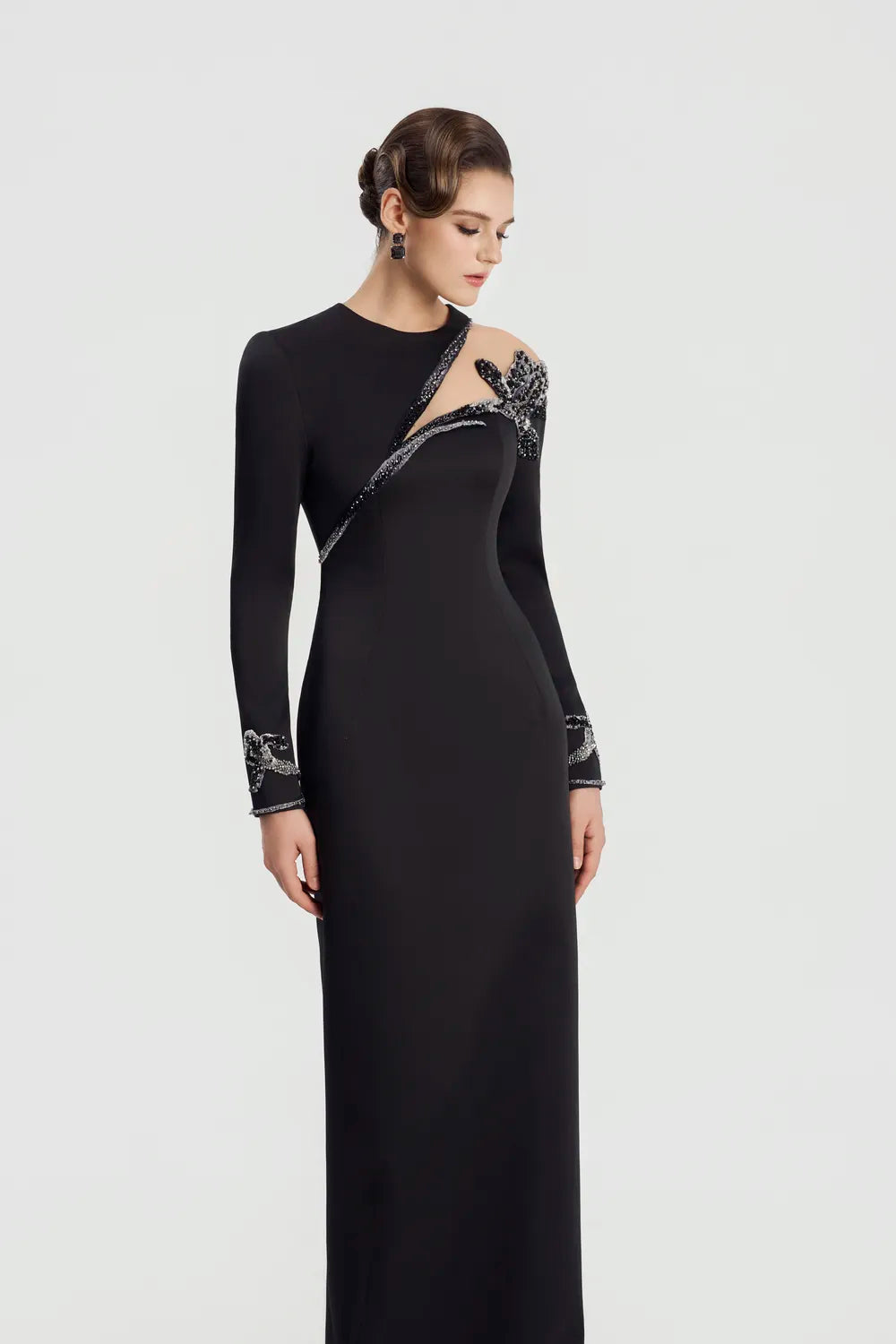 Asymmetric See-Through Shoulder Straight Dress - TRACY COUTURE