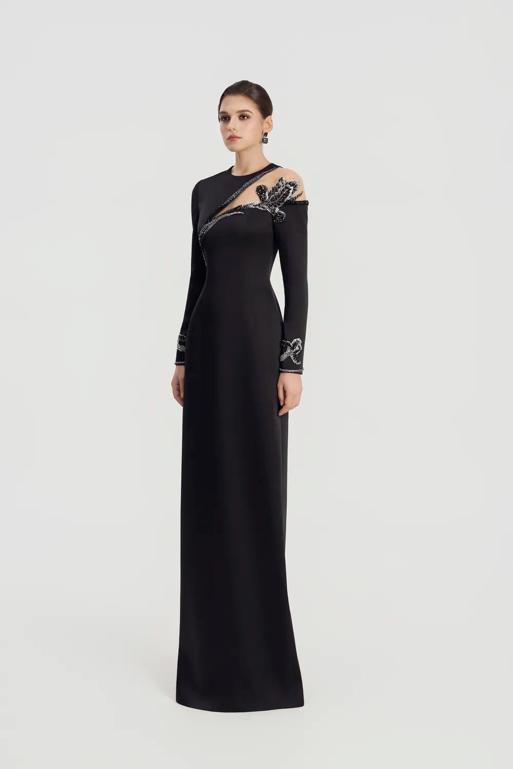 Asymmetric See-Through Shoulder Straight Dress - TRACY COUTURE