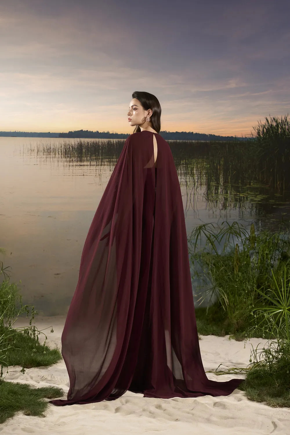 Flowing Cape Sleeve Mermaid Dress - TRACY COUTURE