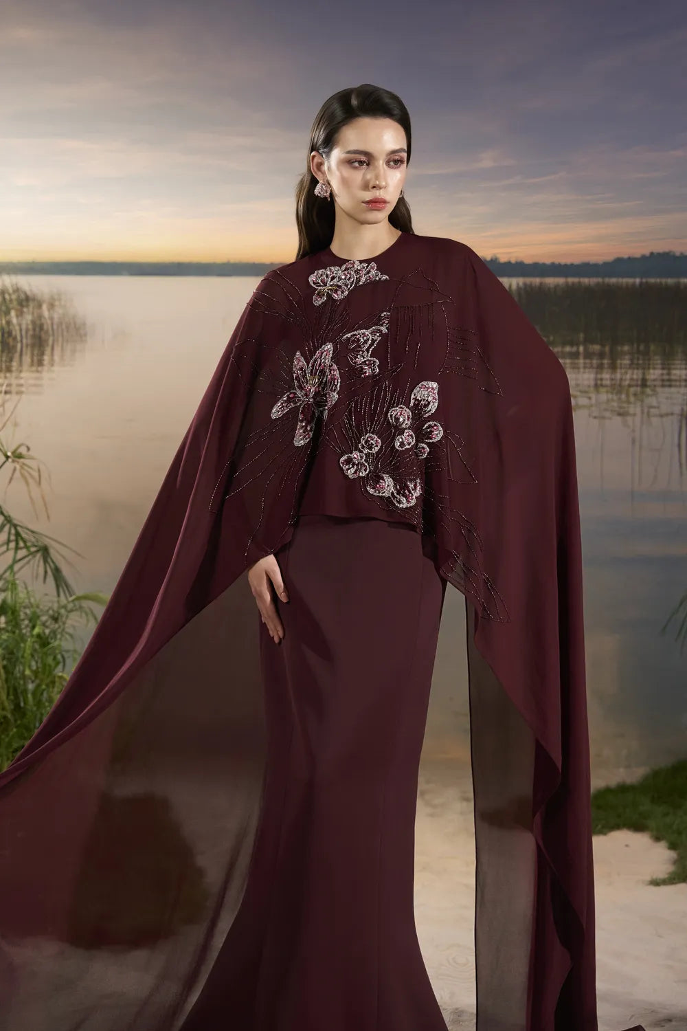 Flowing Cape Sleeve Mermaid Dress - TRACY COUTURE