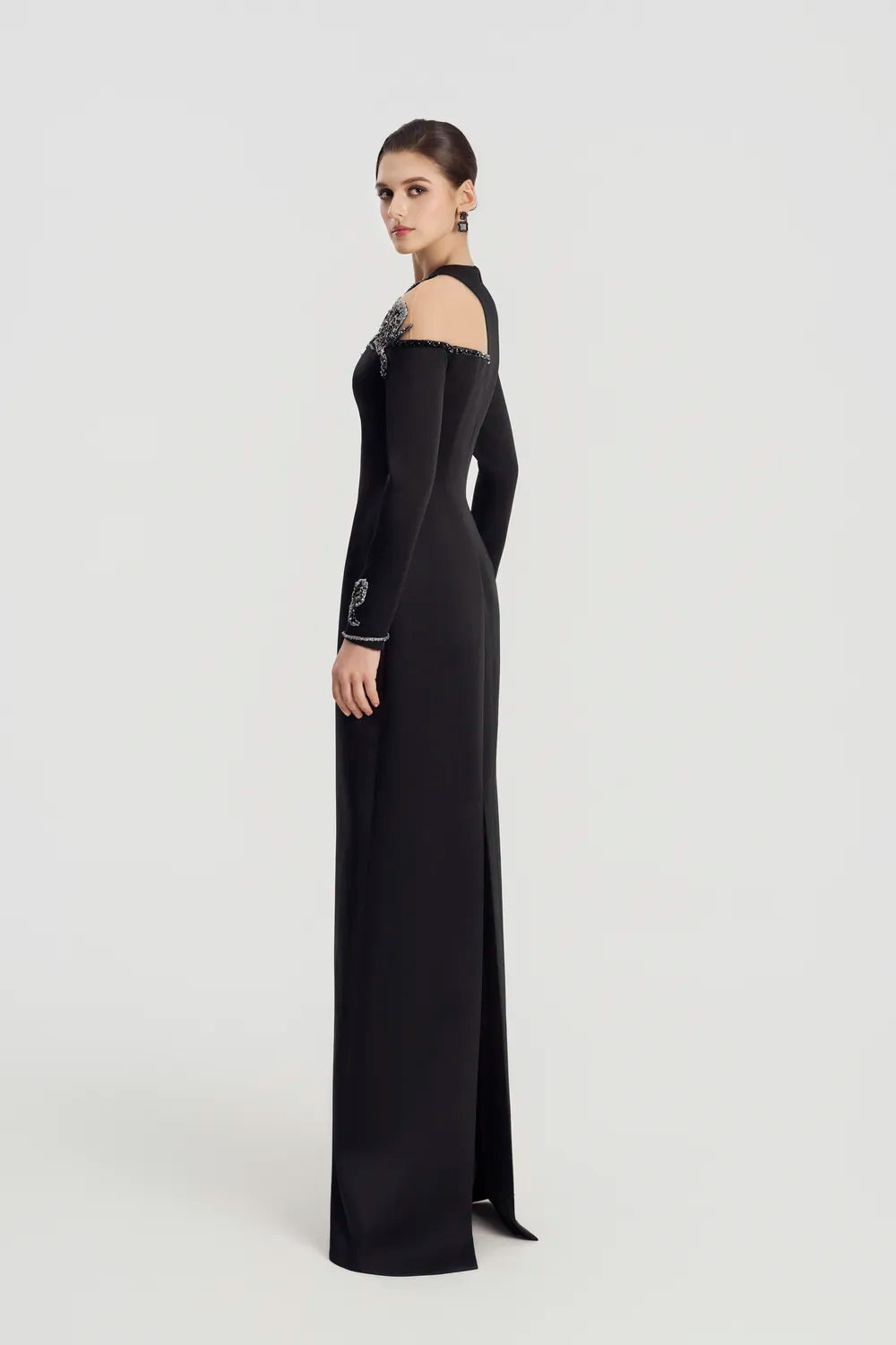 Asymmetric See-Through Shoulder Straight Dress - TRACY COUTURE