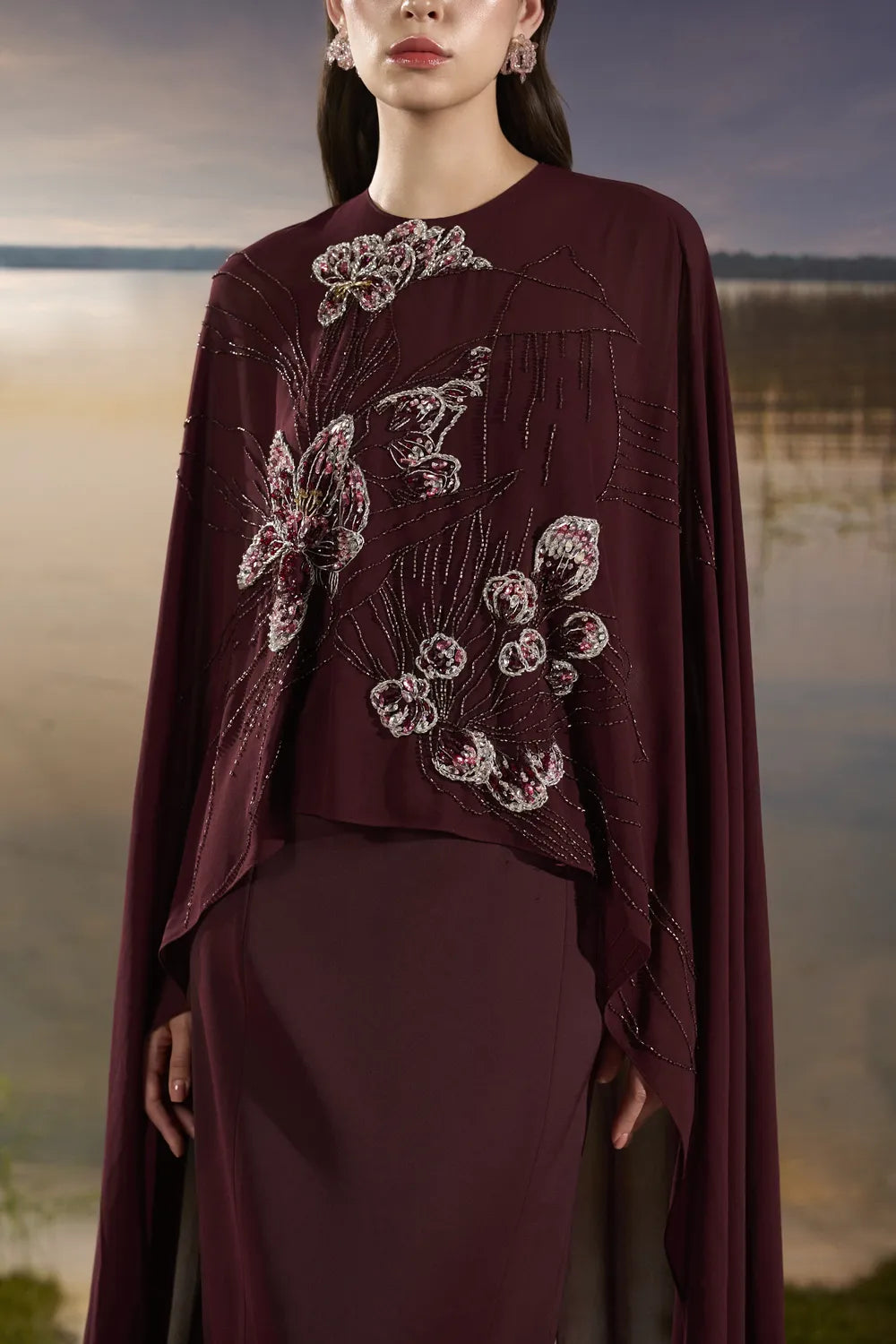 Flowing Cape Sleeve Mermaid Dress - TRACY COUTURE