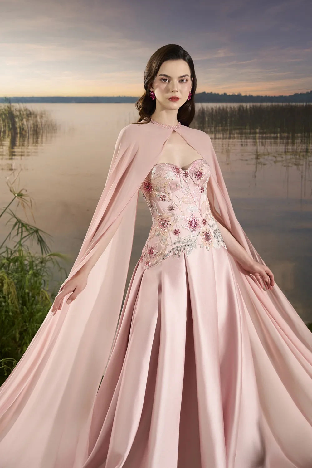 Flowing Flap Floral Embellished Dress - TRACY COUTURE