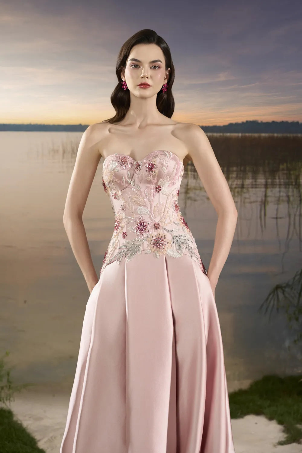 Flowing Flap Floral Embellished Dress - TRACY COUTURE