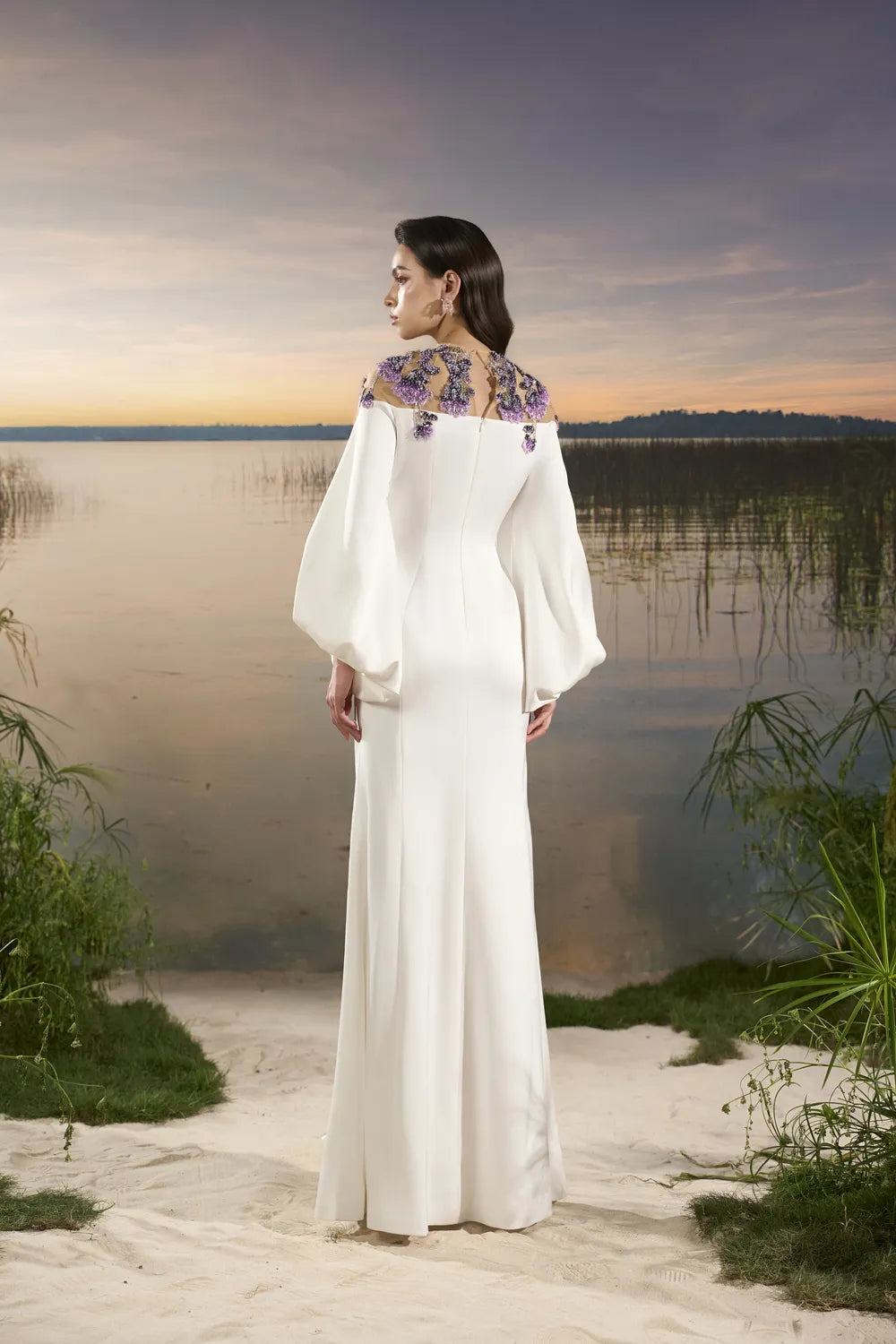 Shoulder Floral Embellished Long Puffy Sleeves Dress - TRACY COUTURE