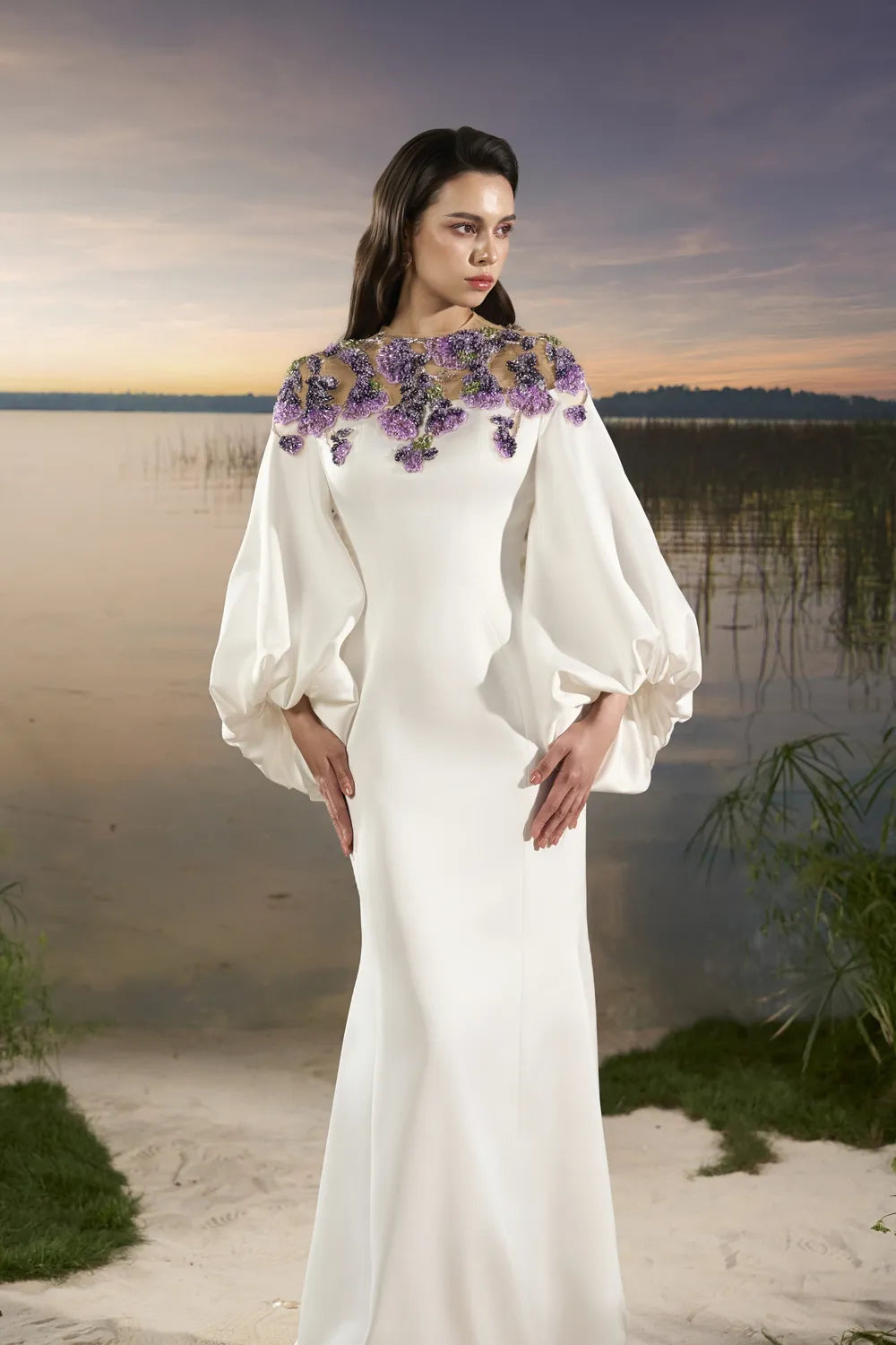 Shoulder Floral Embellished Long Puffy Sleeves Dress - TRACY COUTURE