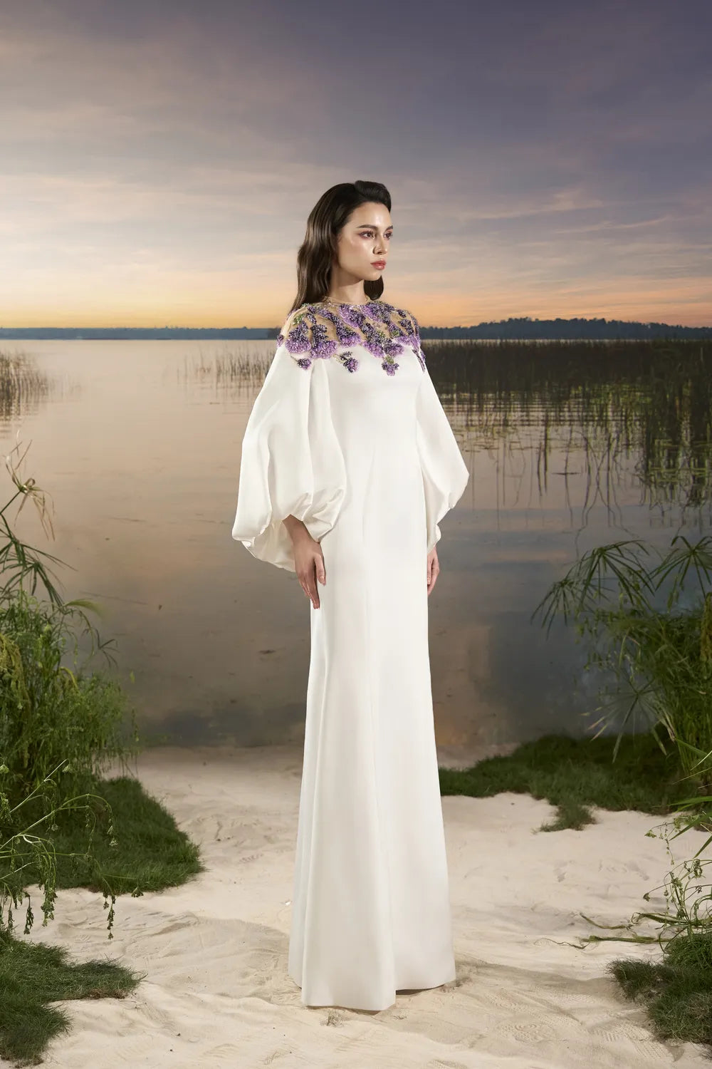 Shoulder Floral Embellished Long Puffy Sleeves Dress - TRACY COUTURE