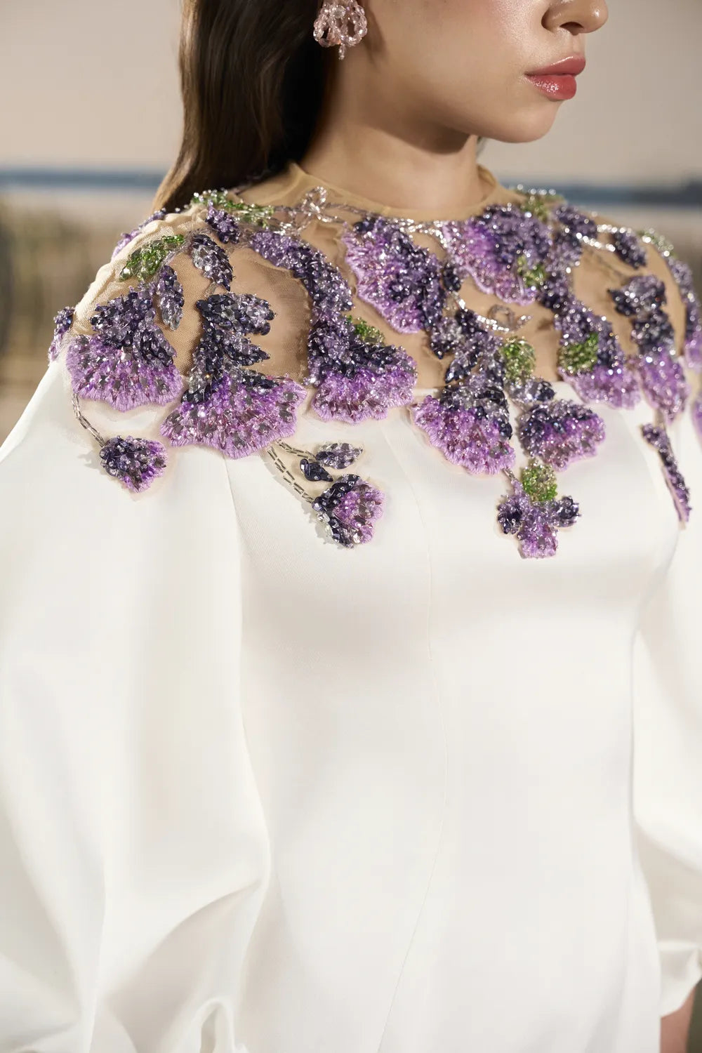 Shoulder Floral Embellished Long Puffy Sleeves Dress - TRACY COUTURE
