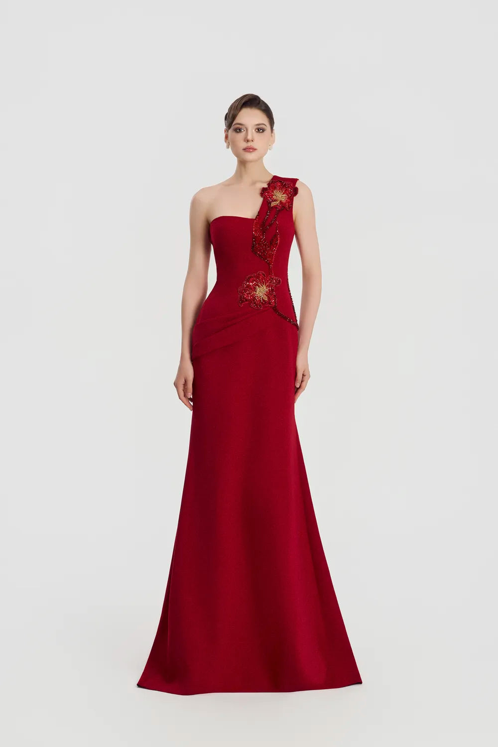 Floral One Shoulder Flared A-Line Dress - TRACY COUTURE