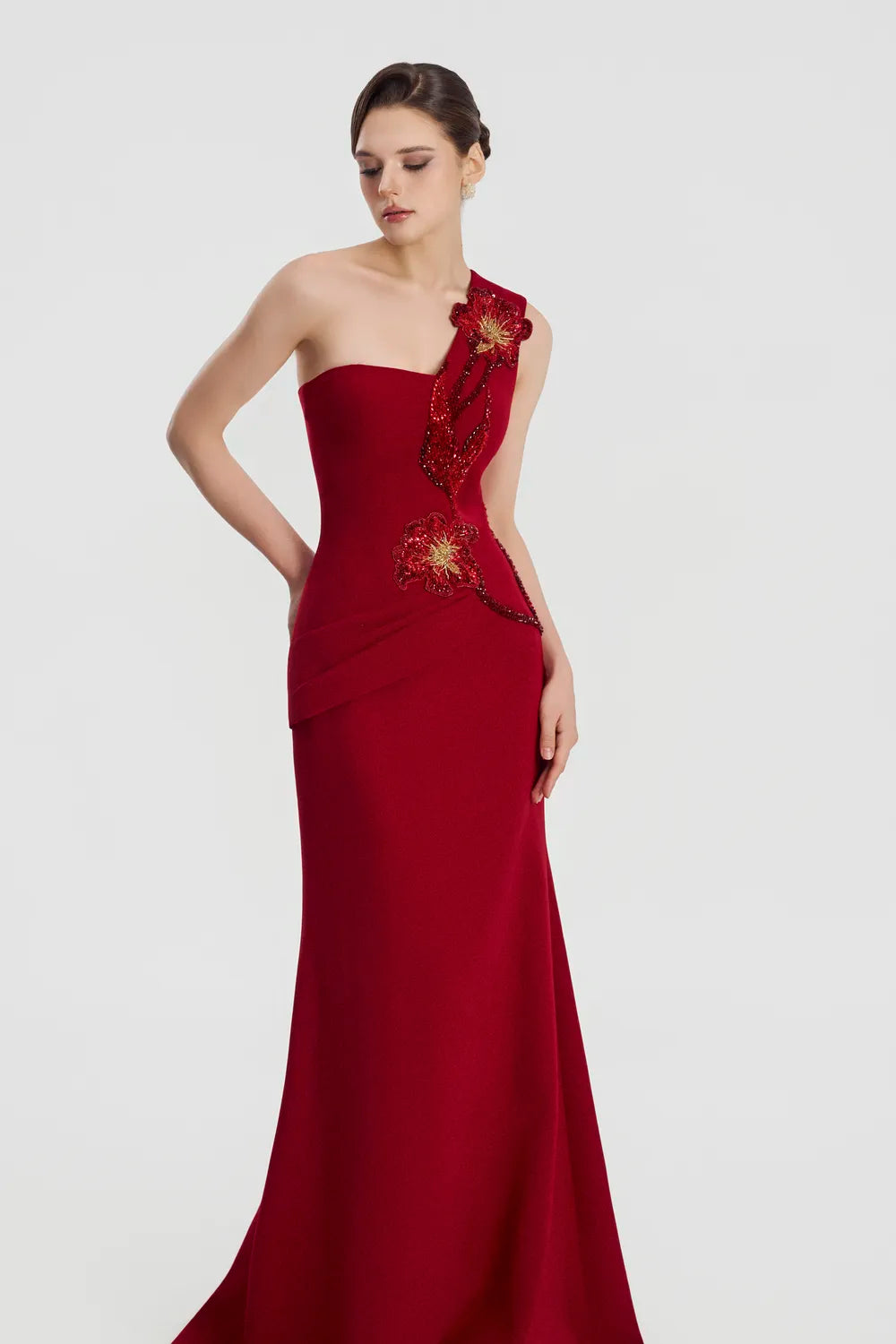 Floral One Shoulder Flared A-Line Dress - TRACY COUTURE