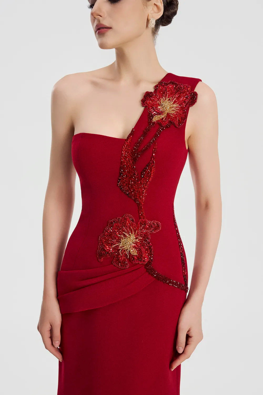Floral One Shoulder Flared A-Line Dress - TRACY COUTURE
