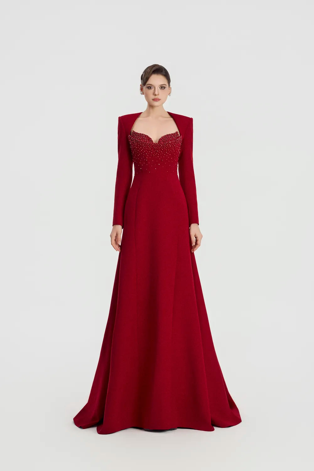 Padded Shoulder Long Sleeve Wavy Flared Dress - TRACY COUTURE