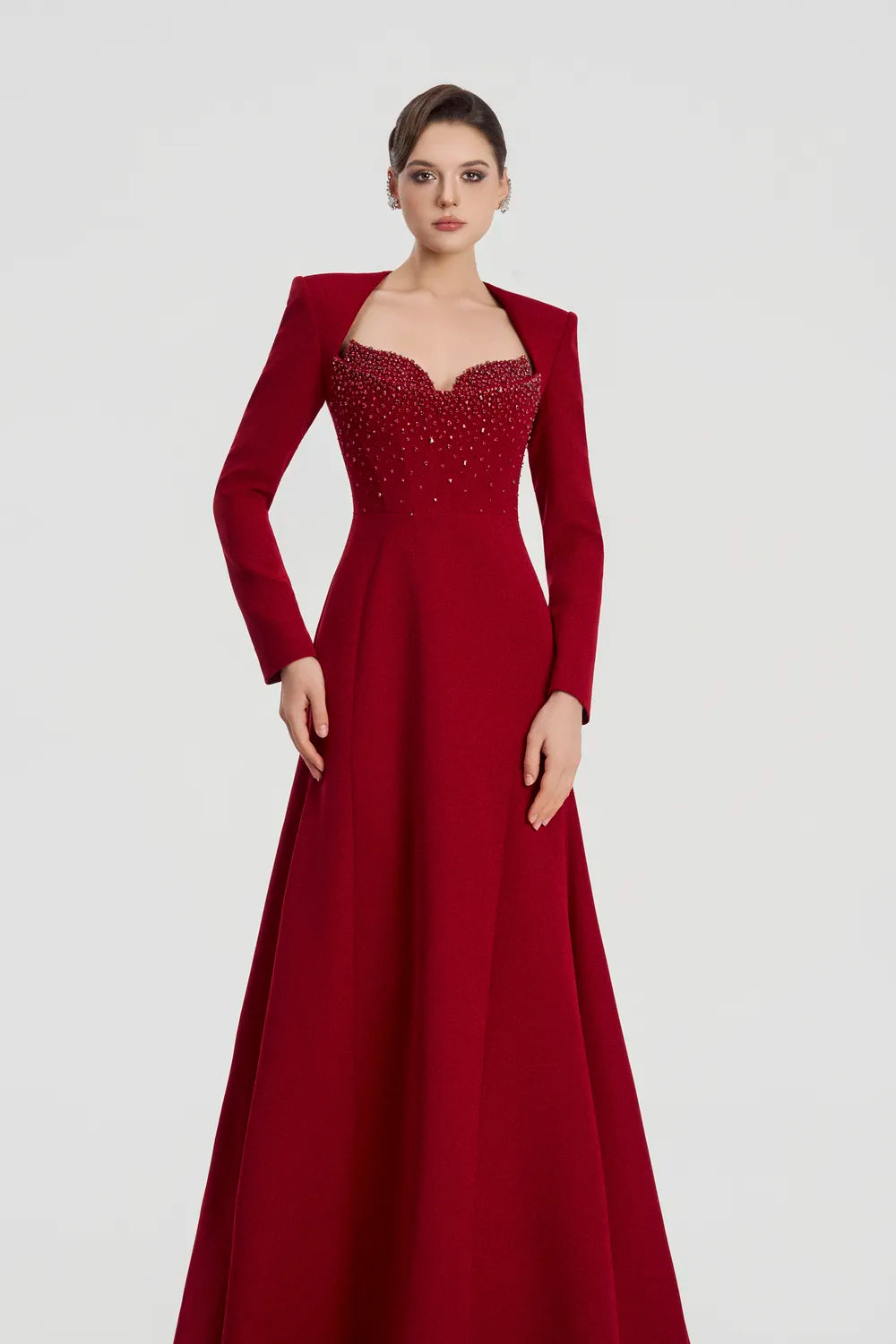 Padded Shoulder Long Sleeve Wavy Flared Dress - TRACY COUTURE