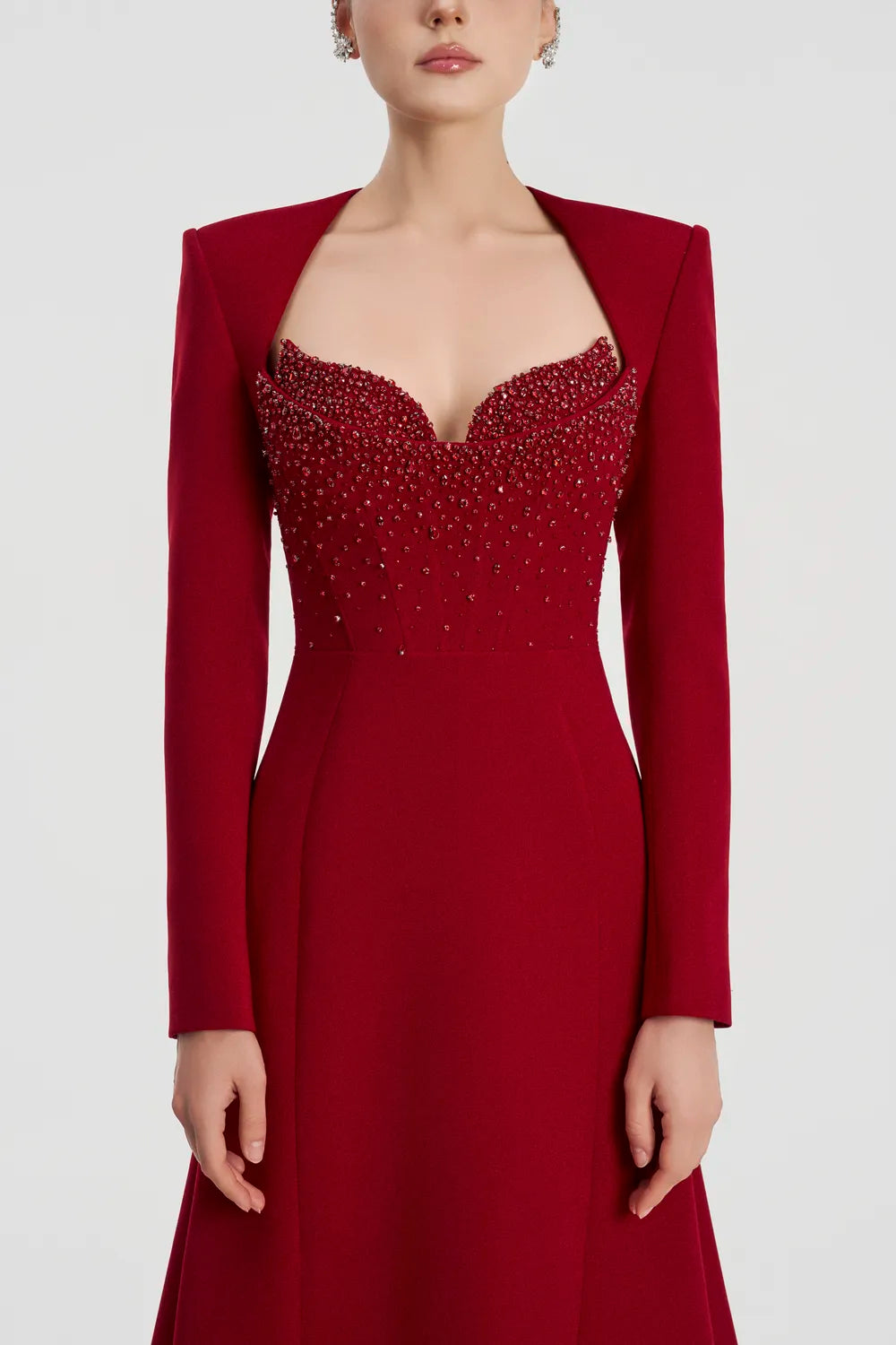 Padded Shoulder Long Sleeve Wavy Flared Dress - TRACY COUTURE
