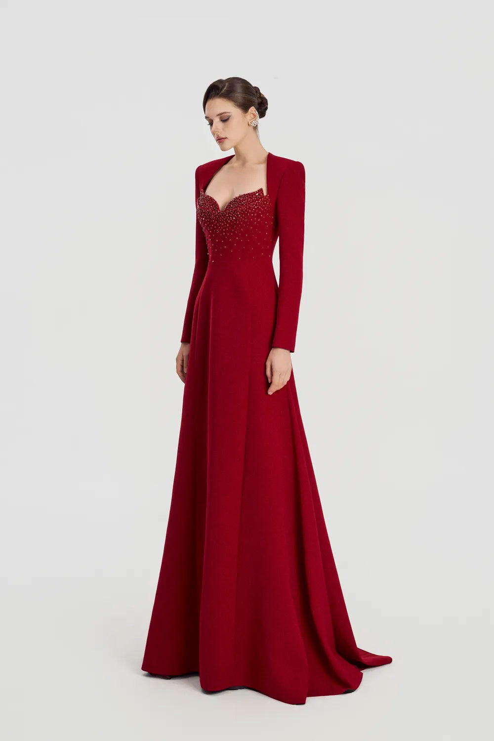 Padded Shoulder Long Sleeve Wavy Flared Dress - TRACY COUTURE