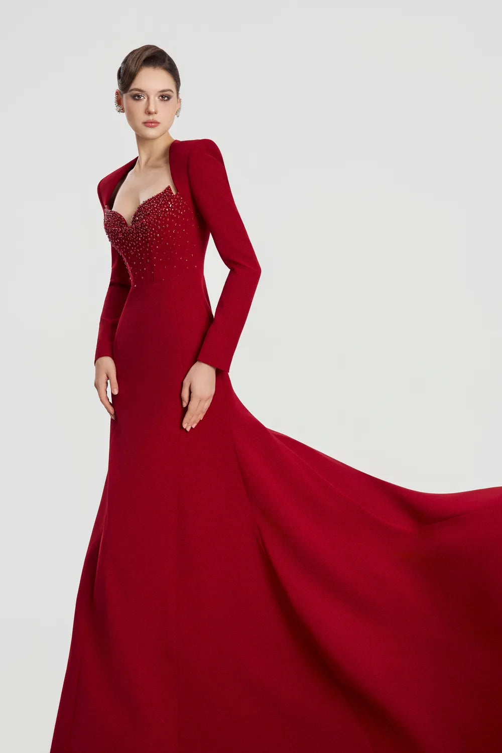Padded Shoulder Long Sleeve Wavy Flared Dress - TRACY COUTURE