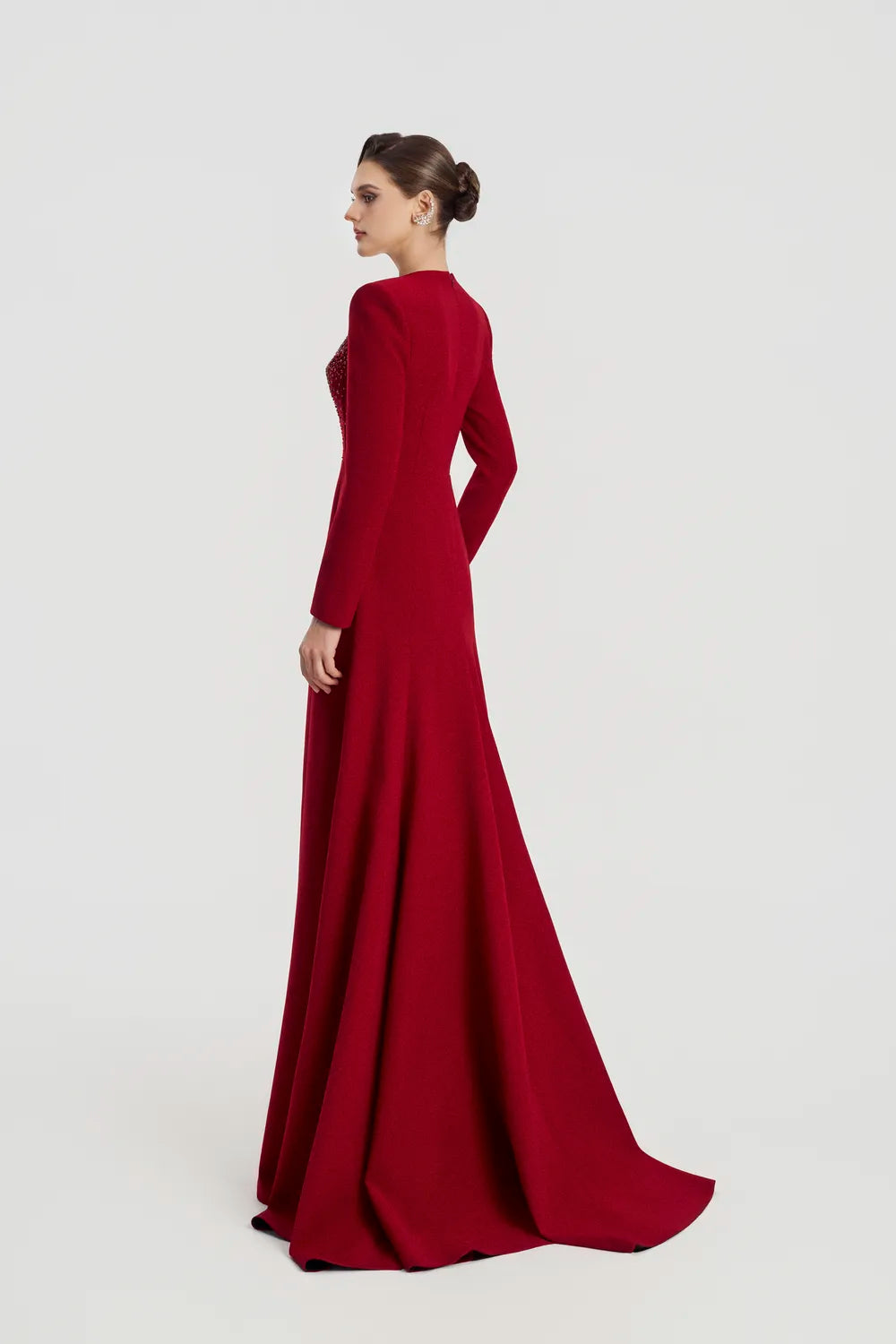 Padded Shoulder Long Sleeve Wavy Flared Dress - TRACY COUTURE
