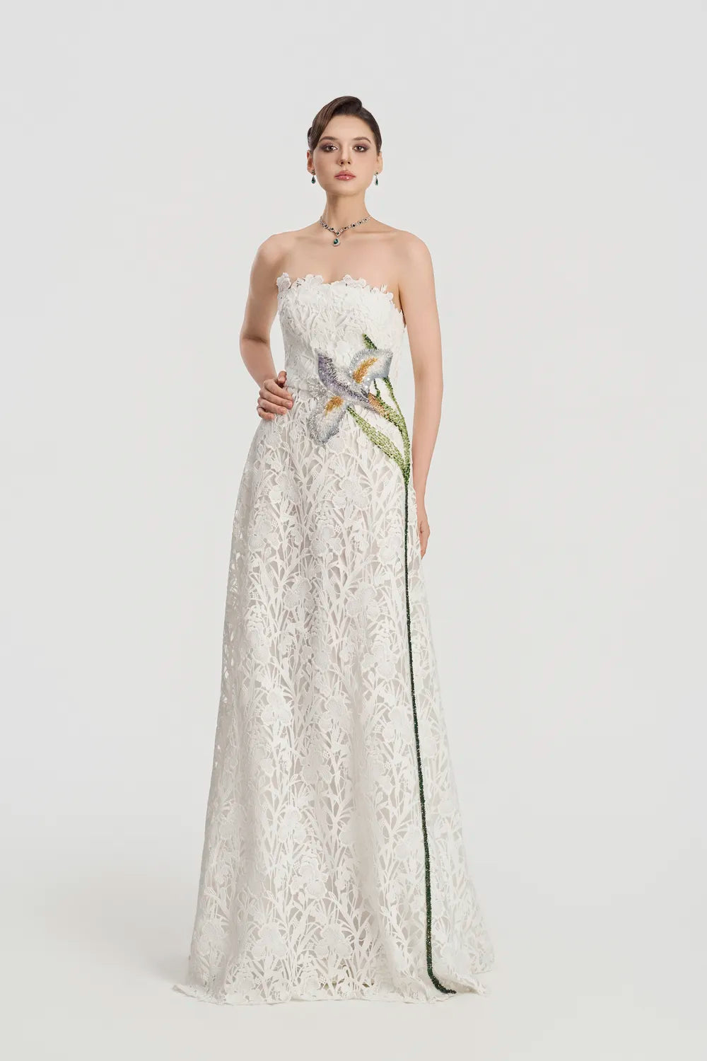 Strapless Floral Laser-Cut Dress - TRACY COUTURE