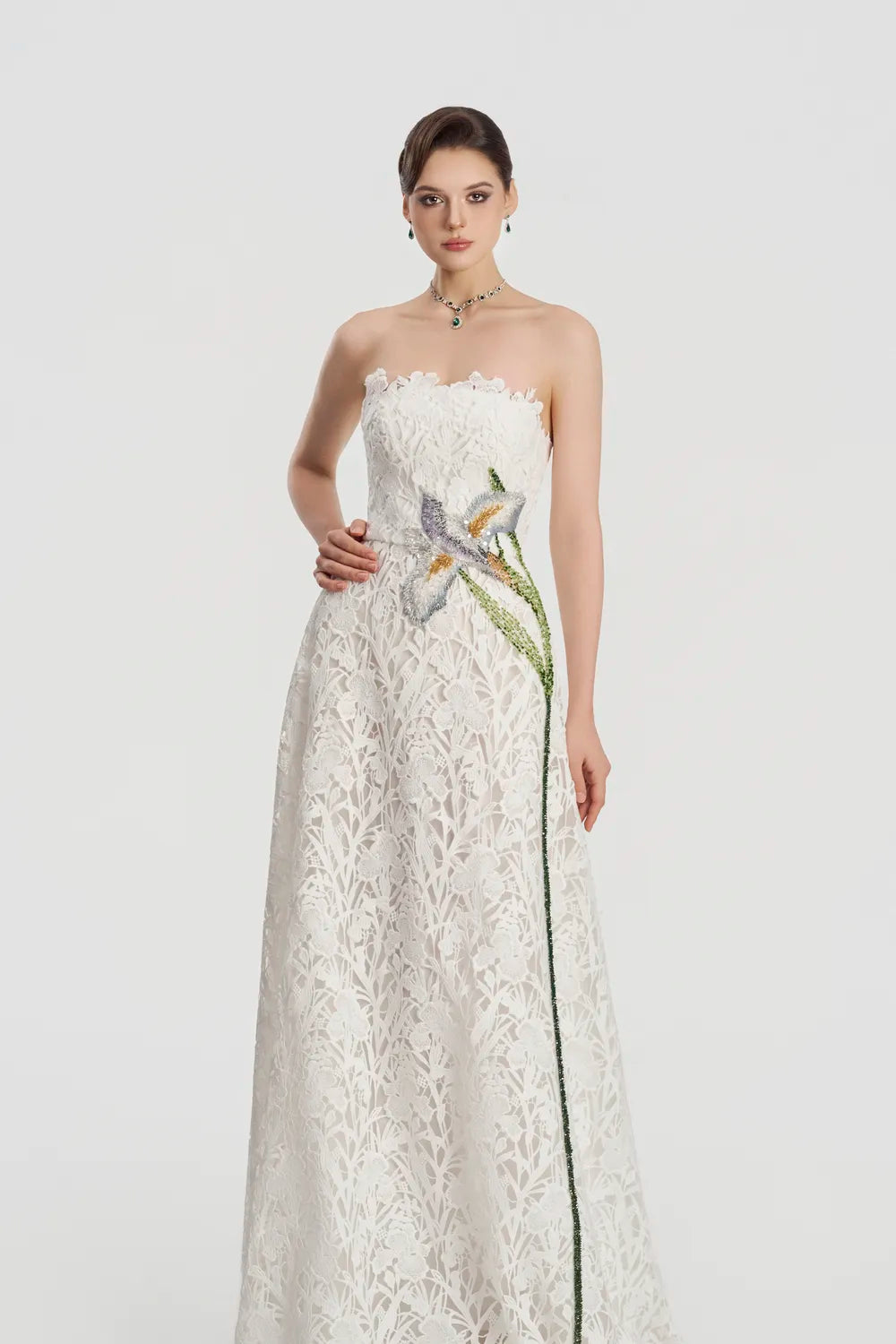 Strapless Floral Laser-Cut Dress - TRACY COUTURE