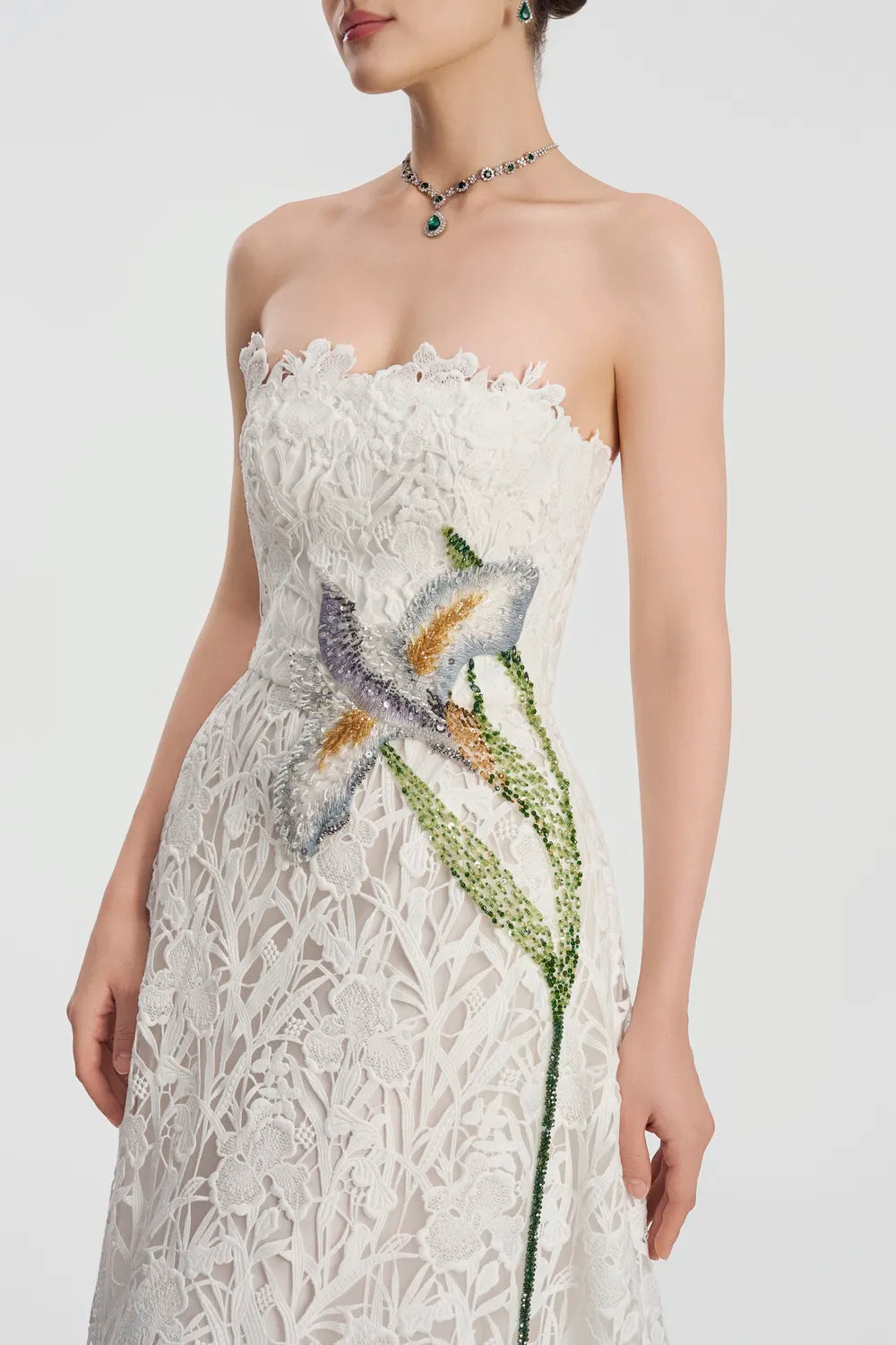 Strapless Floral Laser-Cut Dress - TRACY COUTURE
