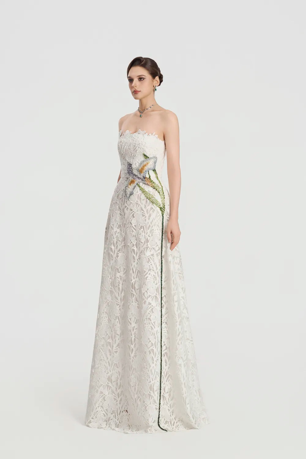Strapless Floral Laser-Cut Dress - TRACY COUTURE