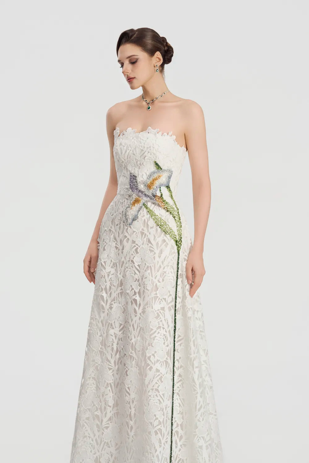 Strapless Floral Laser-Cut Dress – TRACY COUTURE
