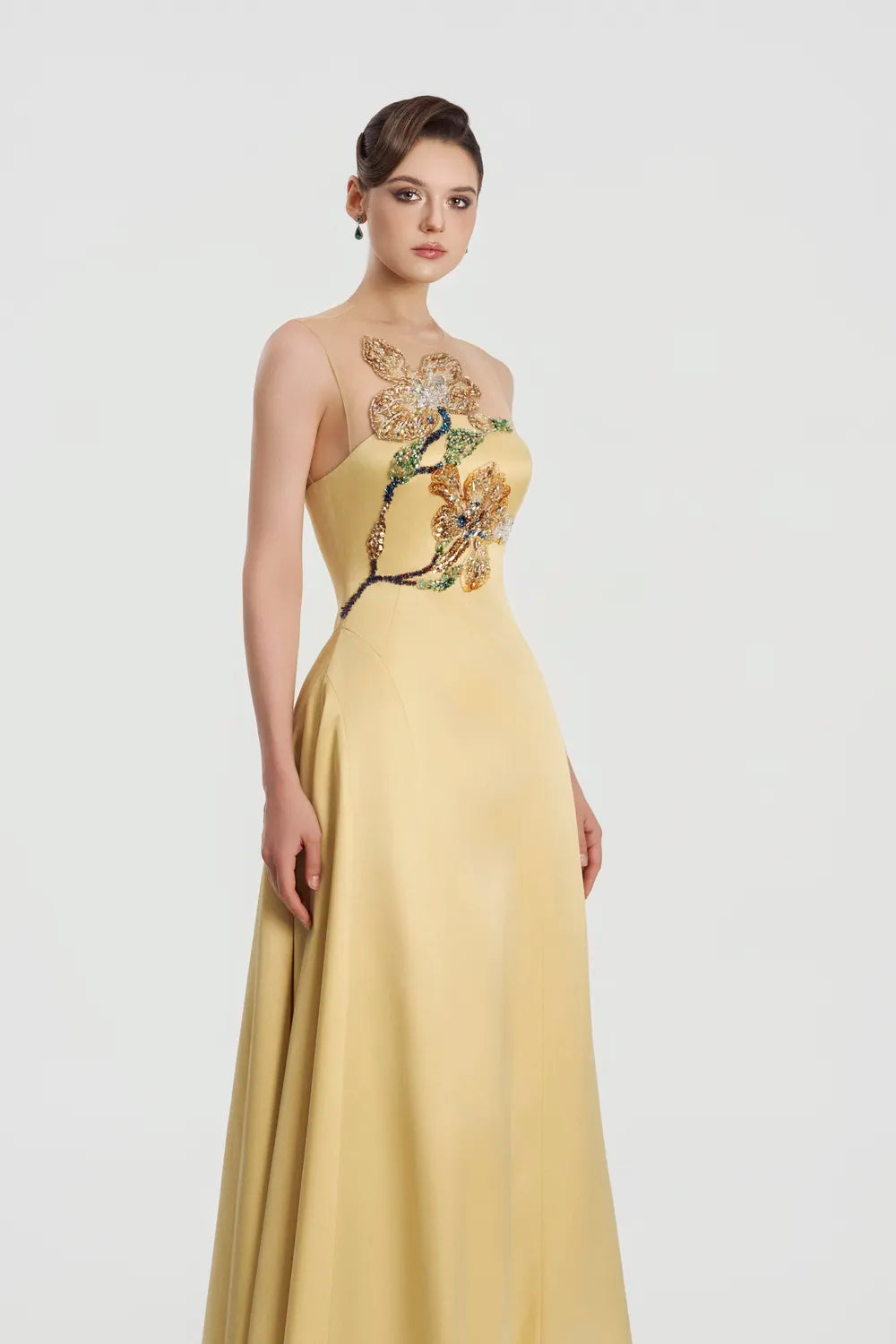 Crystal Floral Embellished Sleeveless A-Line Dress - TRACY COUTURE