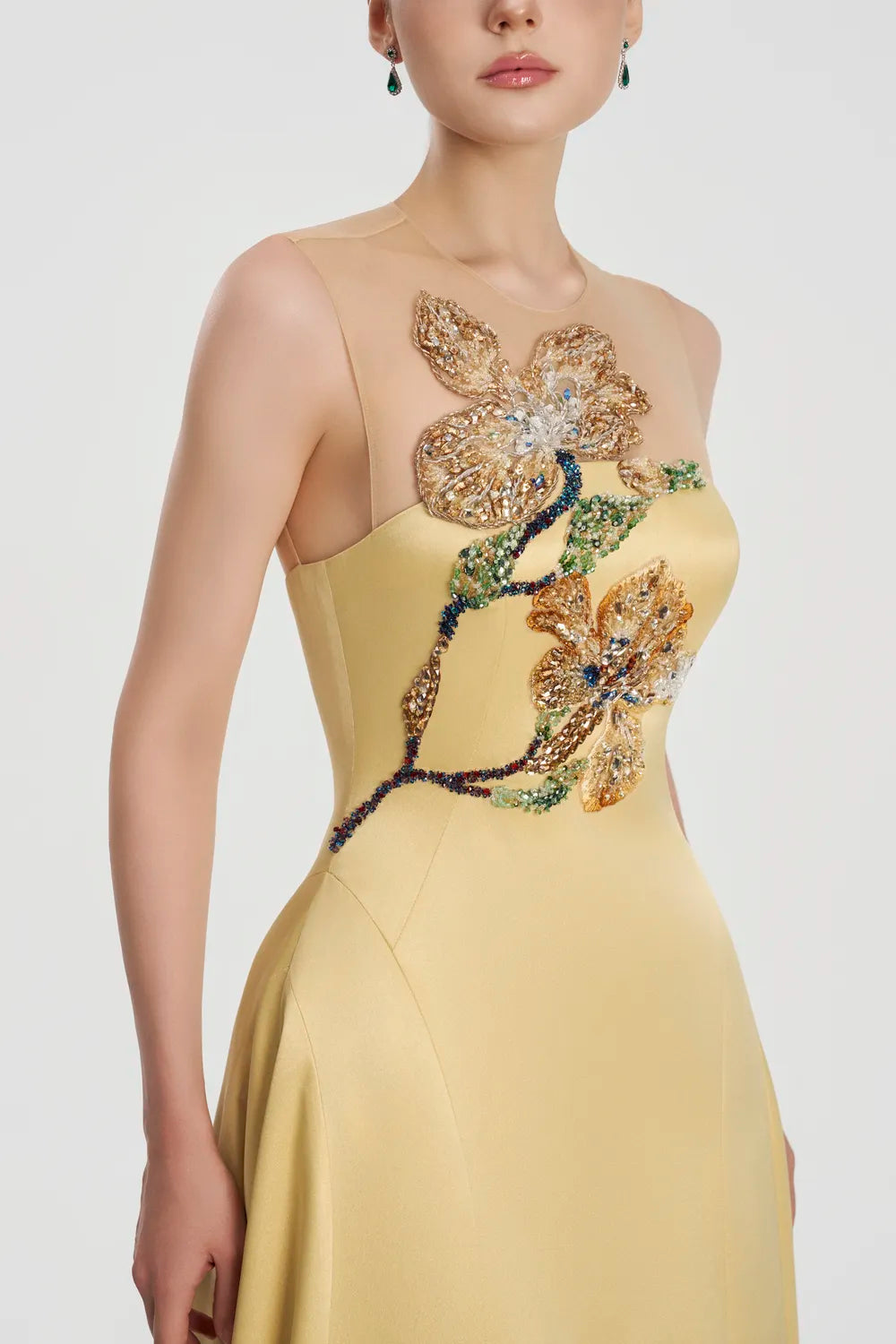 Crystal Floral Embellished Sleeveless A-Line Dress - TRACY COUTURE