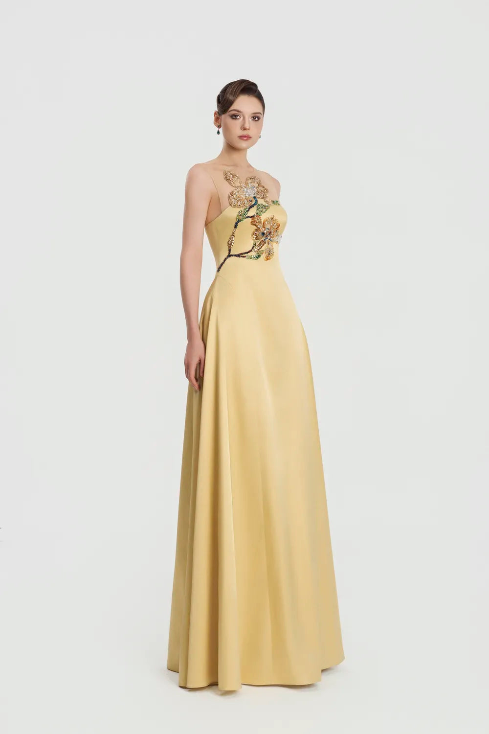Crystal Floral Embellished Sleeveless A-Line Dress - TRACY COUTURE