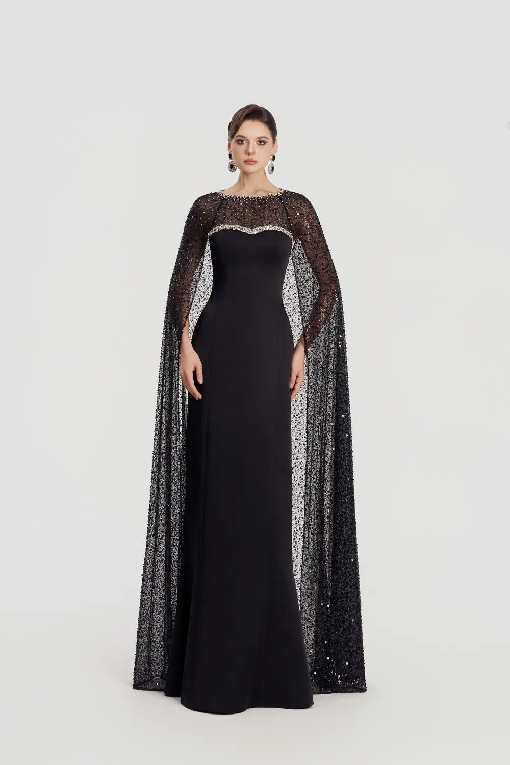 Sparkle See-Through Long Cape Straight Dress - TRACY COUTURE
