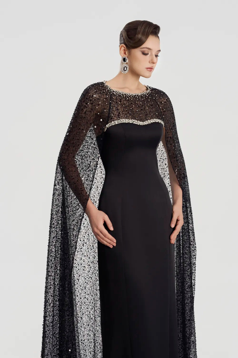 Sparkle See-Through Long Cape Straight Dress - TRACY COUTURE