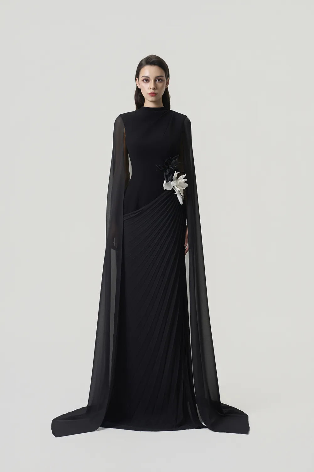Long Sleeves Cape Diagonal Pleated Dress - TRACY COUTURE