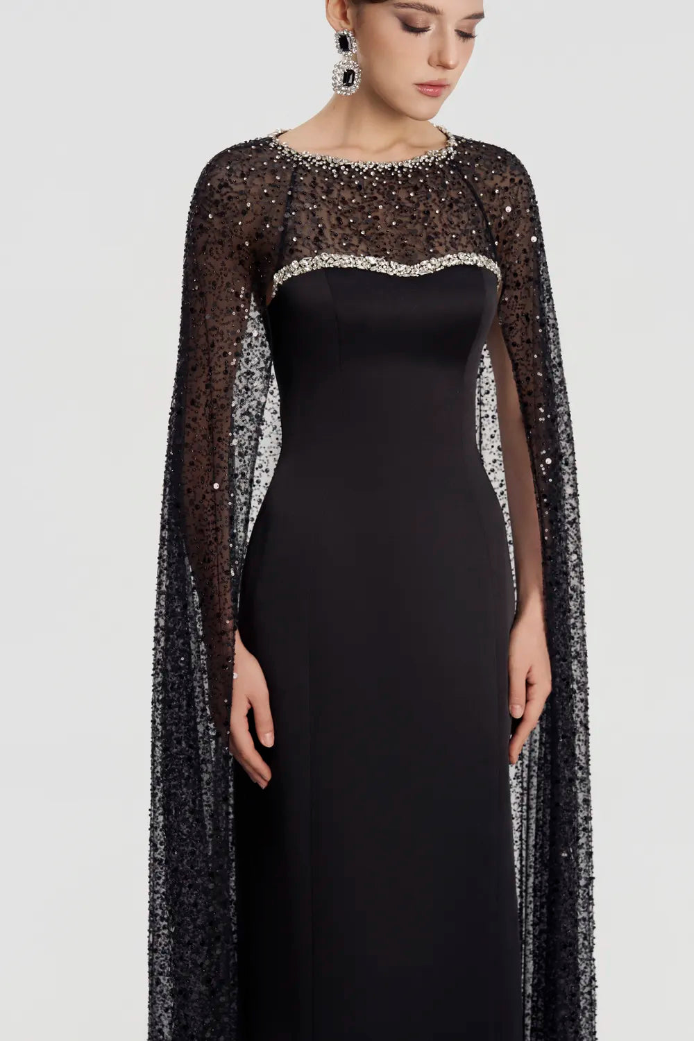 Sparkle See-Through Long Cape Straight Dress - TRACY COUTURE