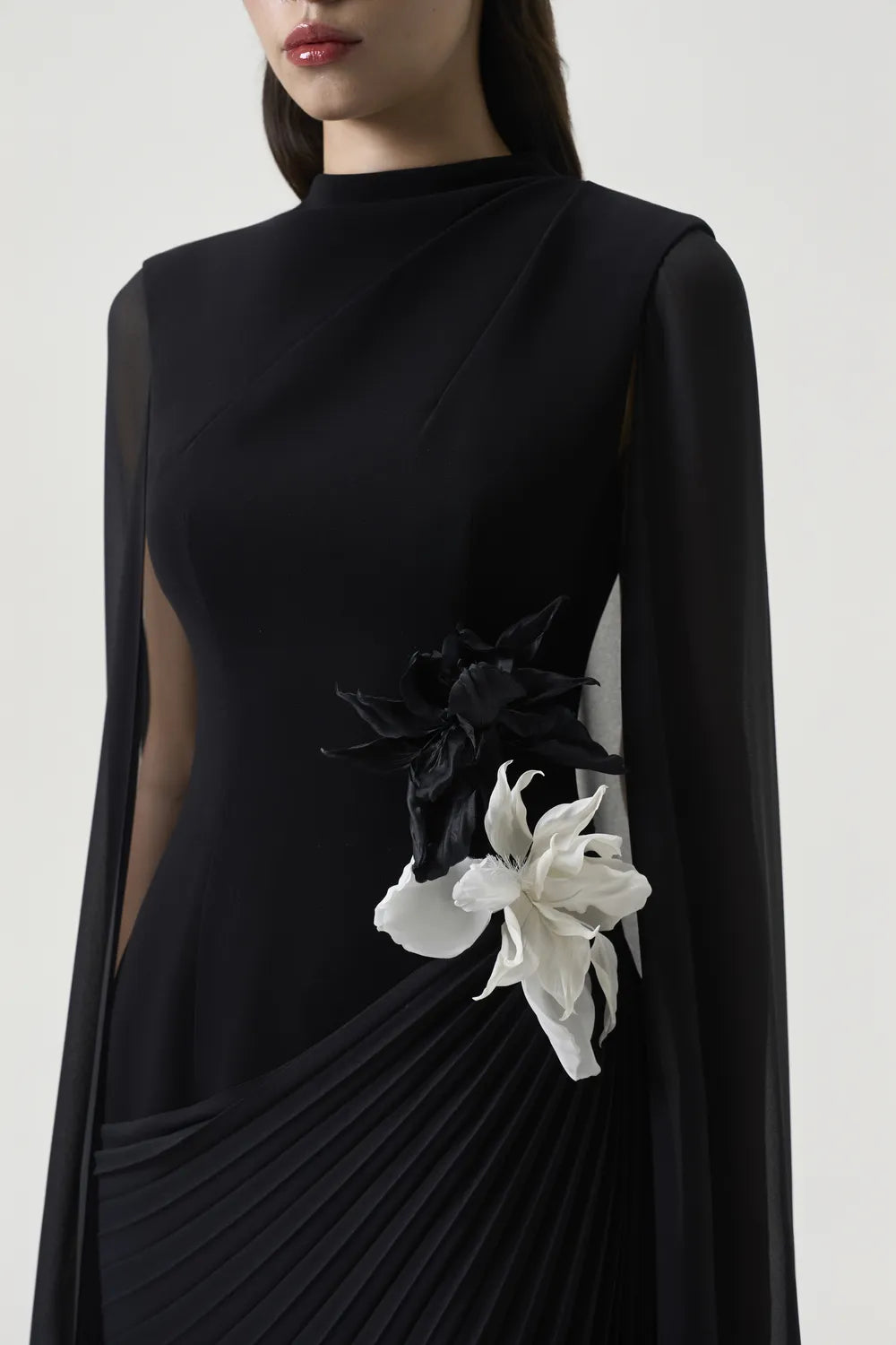 Long Sleeves Cape Diagonal Pleated Dress - TRACY COUTURE