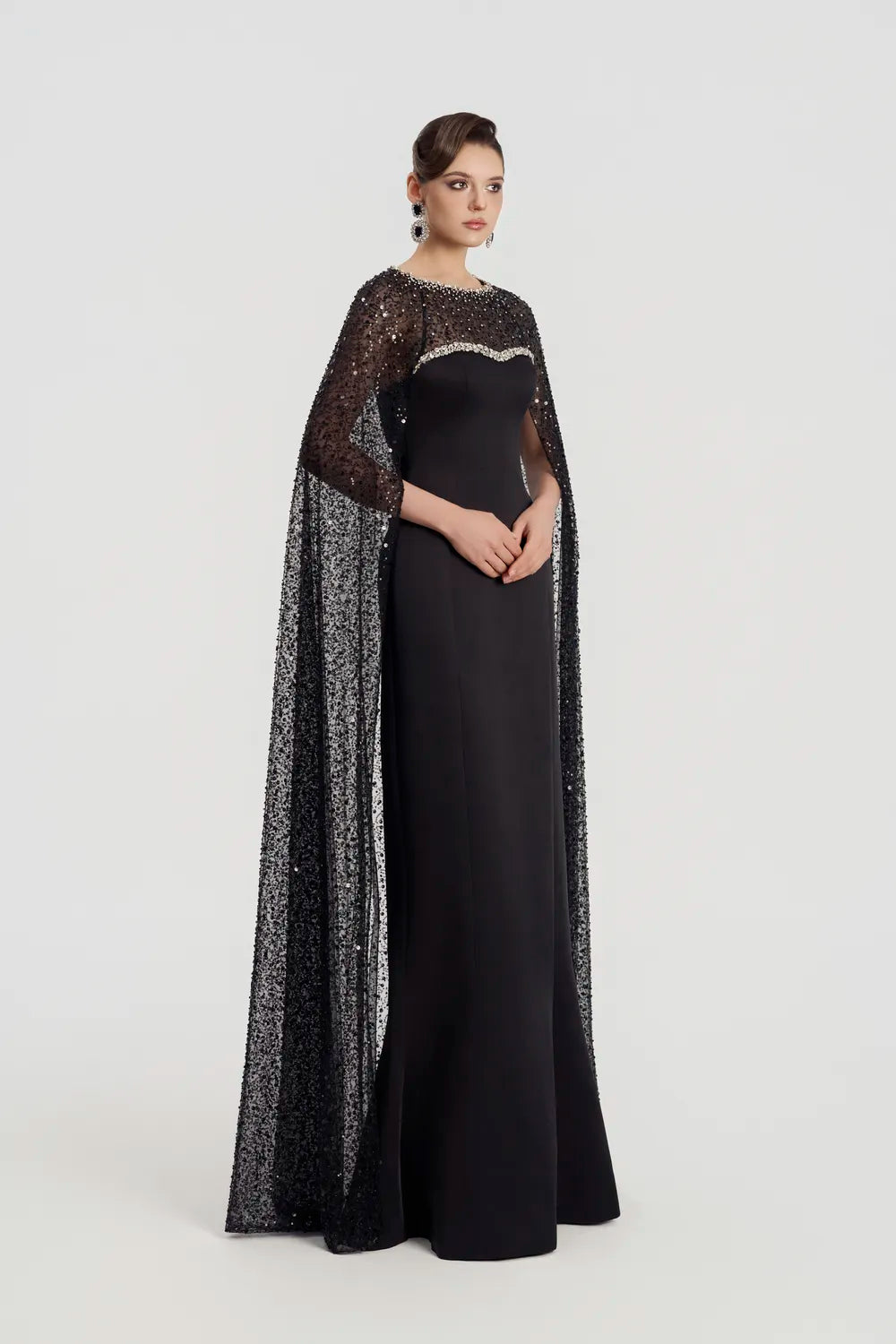 Sparkle See-Through Long Cape Straight Dress - TRACY COUTURE