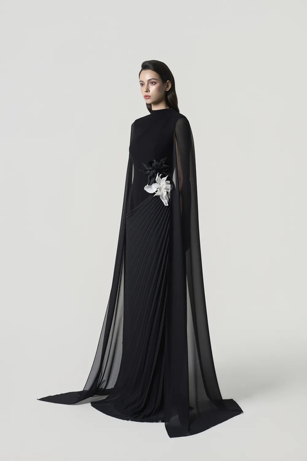 Long Sleeves Cape Diagonal Pleated Dress - TRACY COUTURE