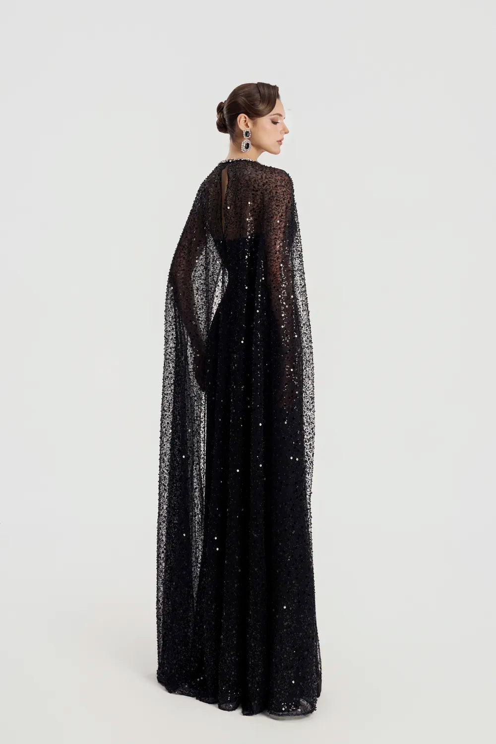 Sparkle See-Through Long Cape Straight Dress - TRACY COUTURE