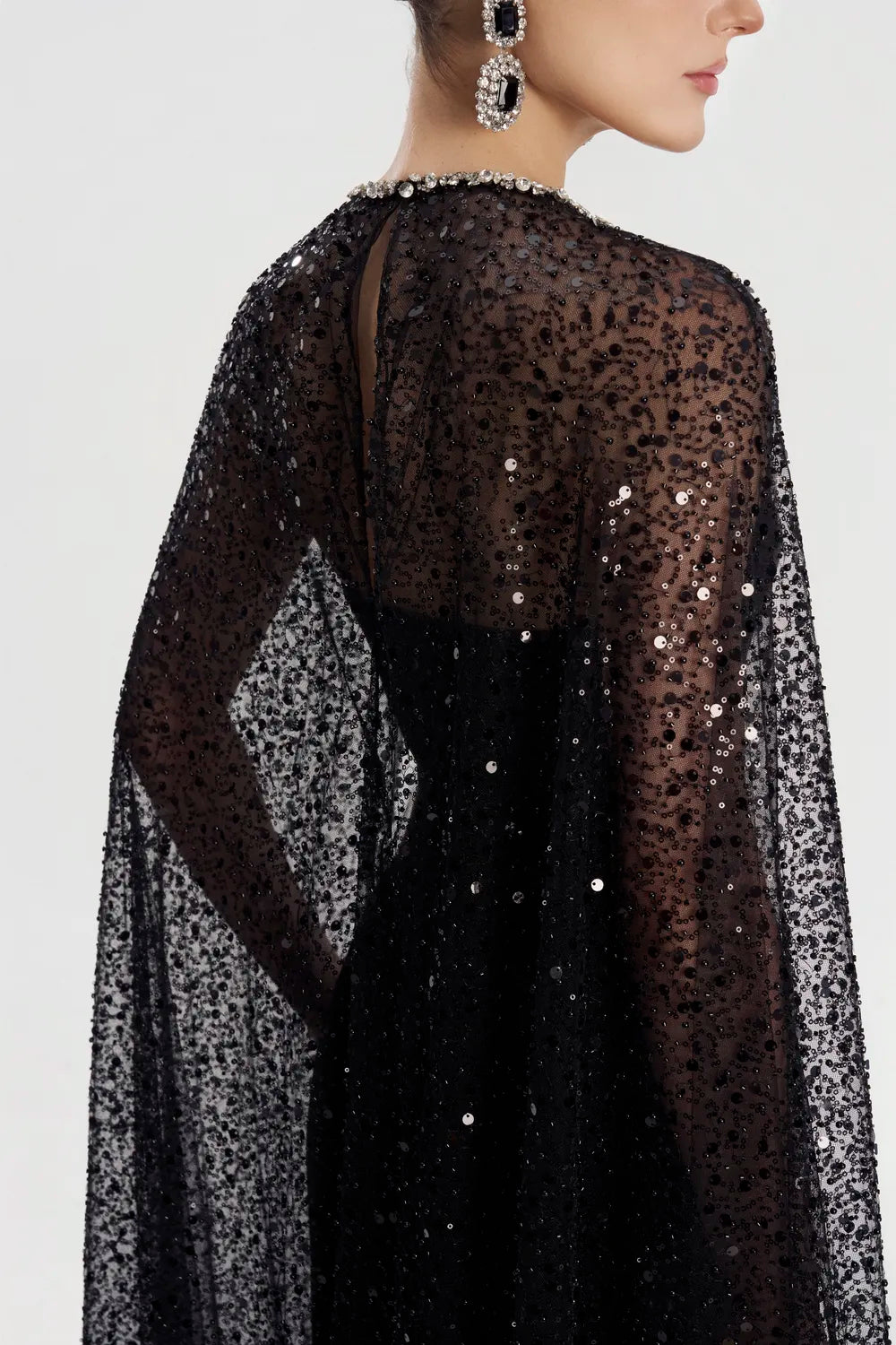 Sparkle See-Through Long Cape Straight Dress - TRACY COUTURE