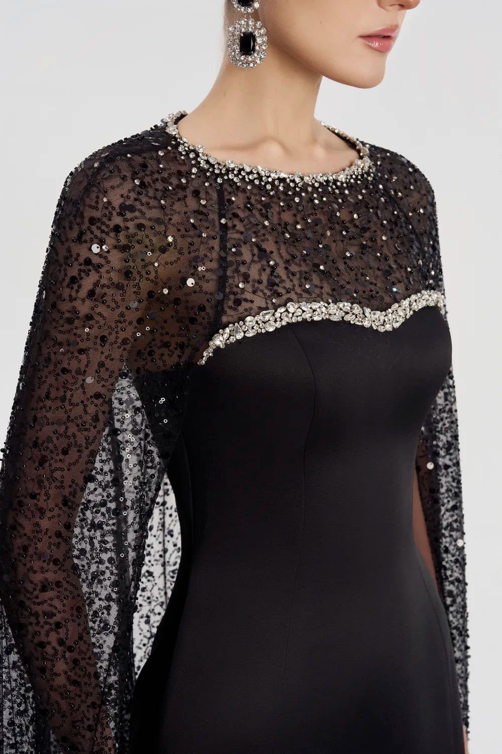Sparkle See-Through Long Cape Straight Dress - TRACY COUTURE