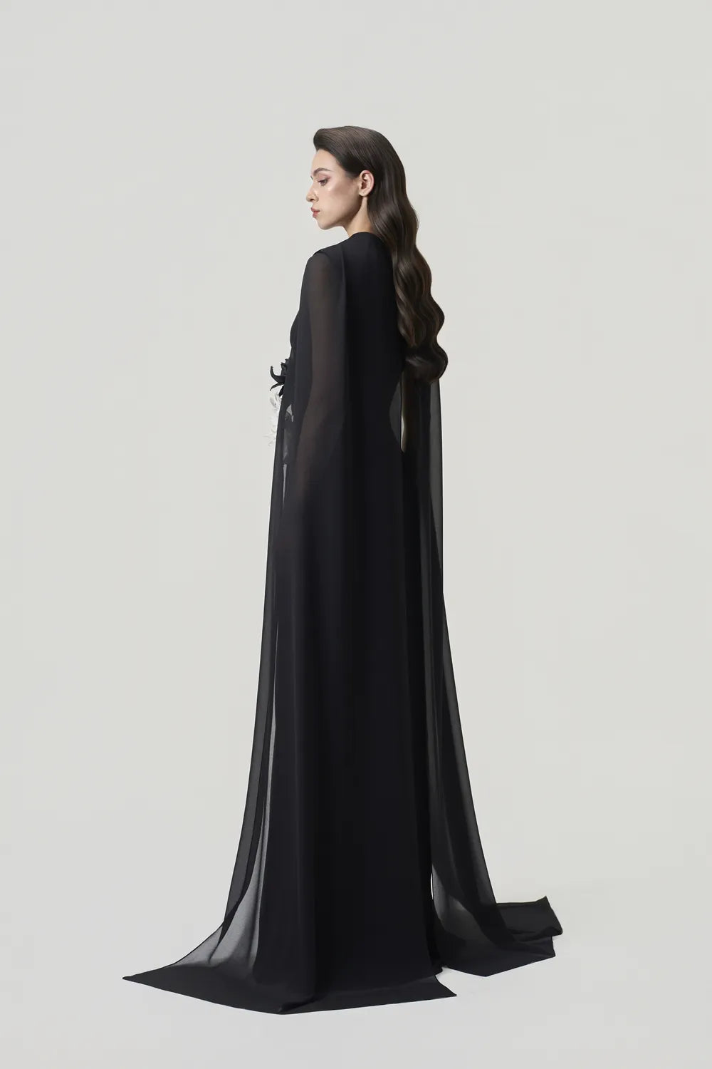 Long Sleeves Cape Diagonal Pleated Dress - TRACY COUTURE