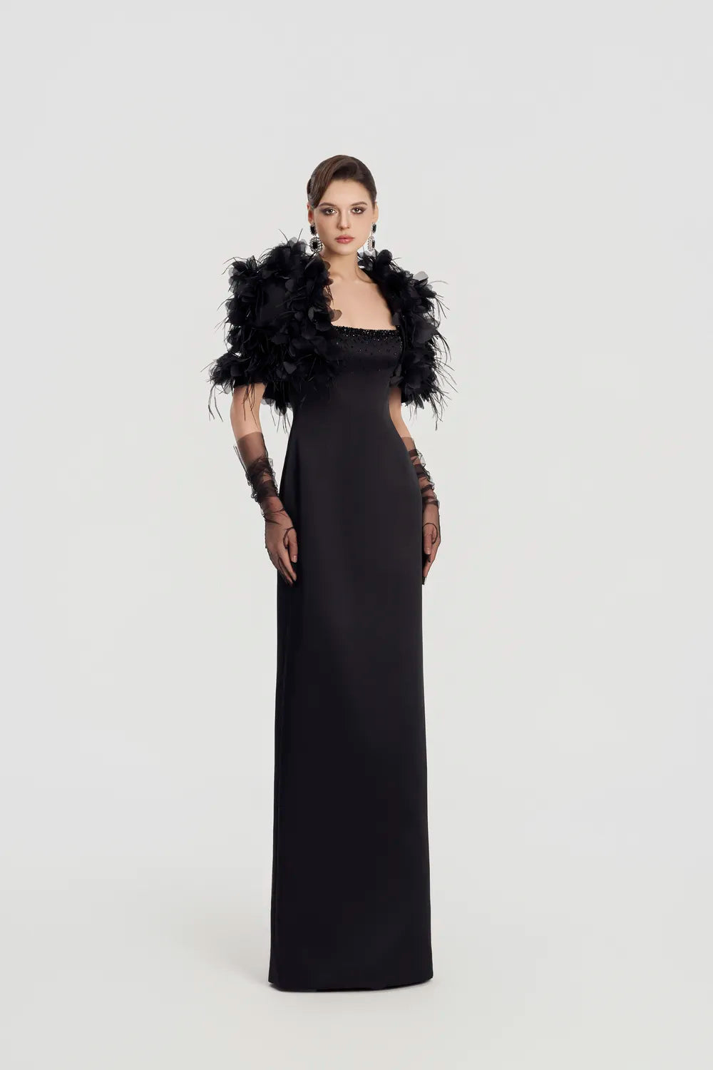 3D Floral Feather Cropped Cape With Straight Dress Set - TRACY COUTURE