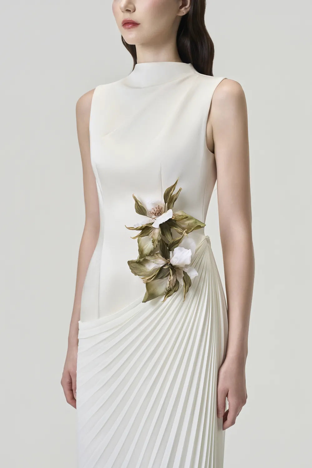 Sleeveless 3D Floral Diagonal Drop Waist Dress - TRACY COUTURE