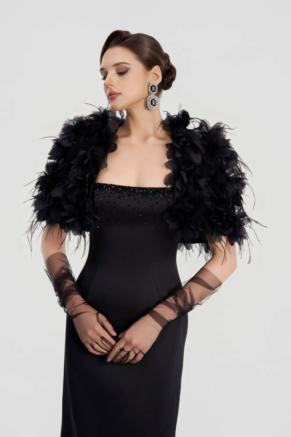 3D Floral Feather Cropped Cape With Straight Dress Set - TRACY COUTURE