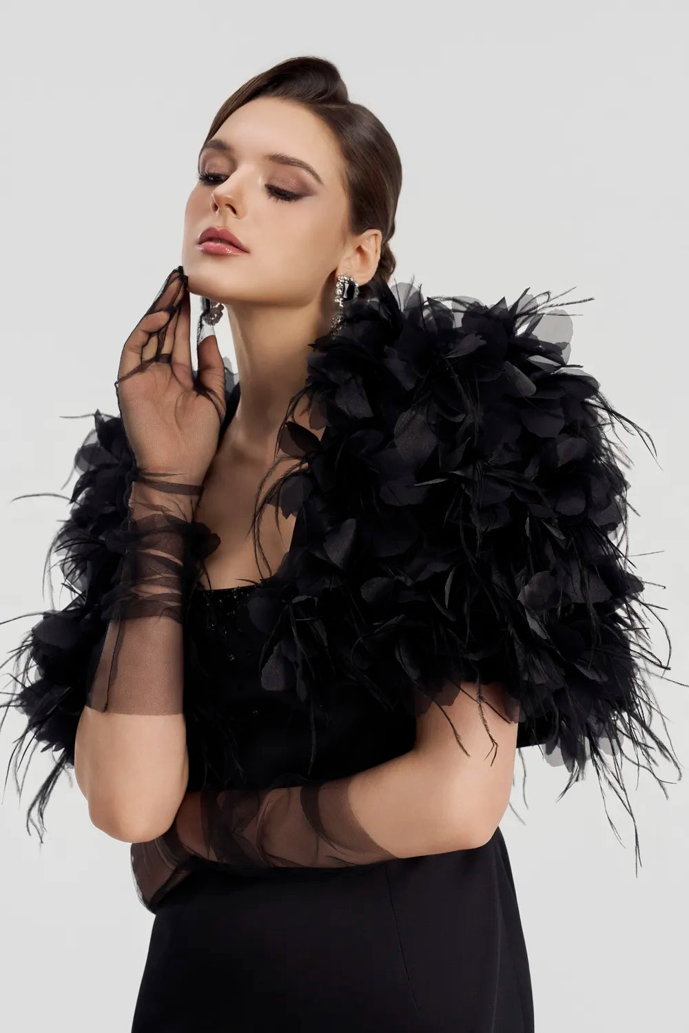 3D Floral Feather Cropped Cape With Straight Dress Set - TRACY COUTURE