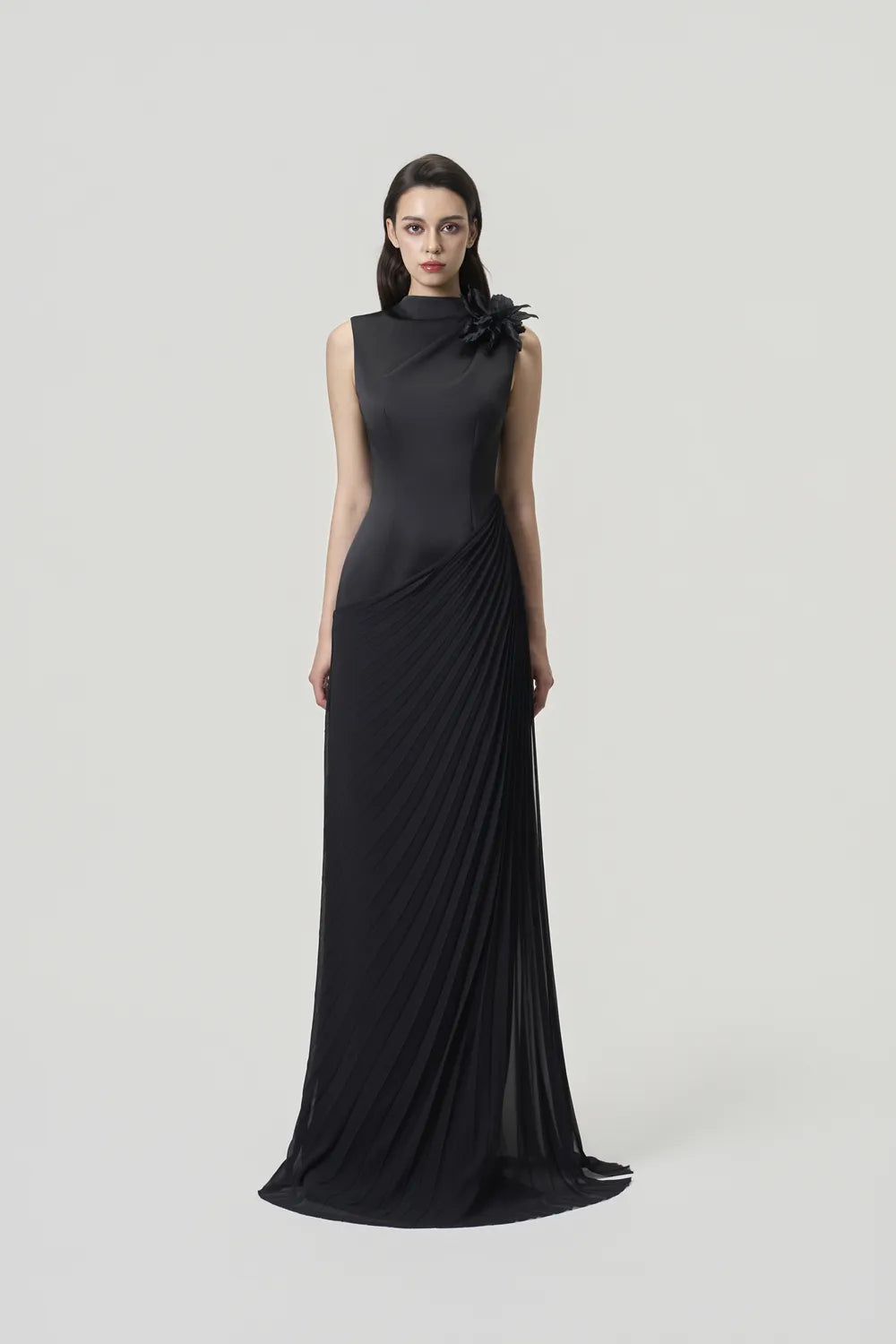 High Neck Diagonal Drop Waist Pleated Dress - TRACY COUTURE
