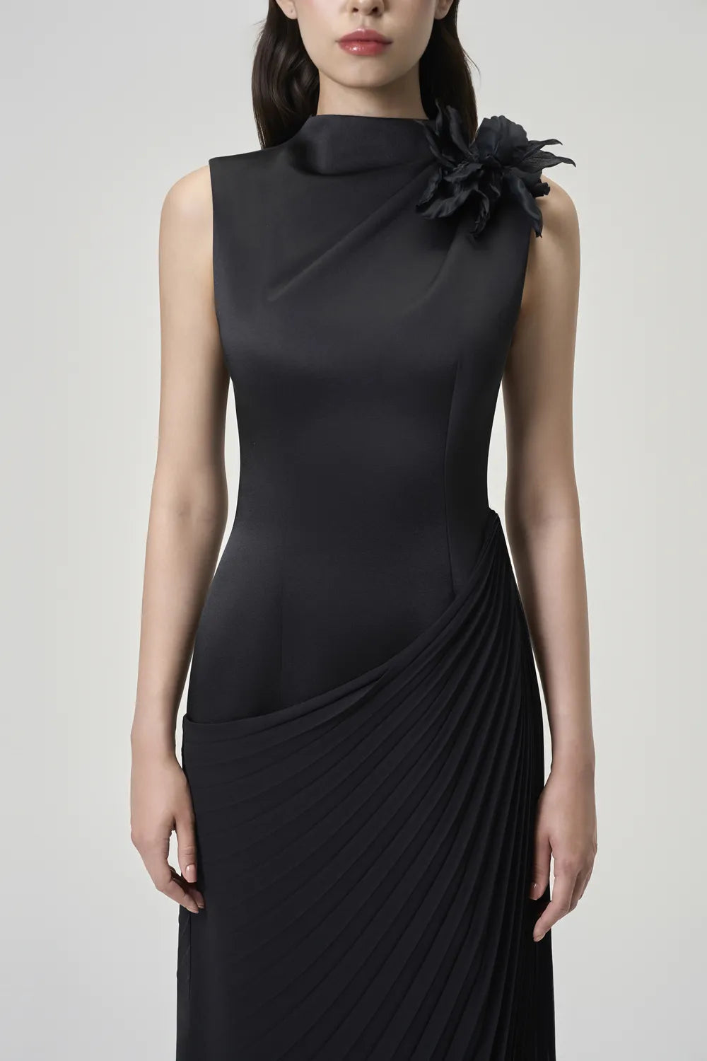 High Neck Diagonal Drop Waist Pleated Dress - TRACY COUTURE