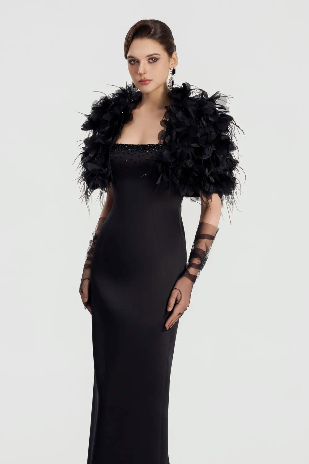 3D Floral Feather Cropped Cape With Straight Dress Set - TRACY COUTURE