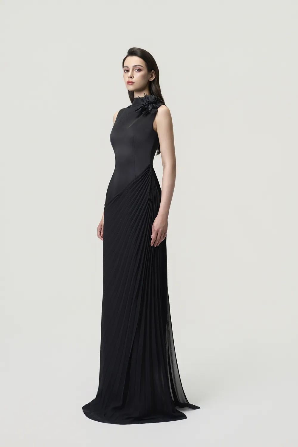 High Neck Diagonal Drop Waist Pleated Dress - TRACY COUTURE