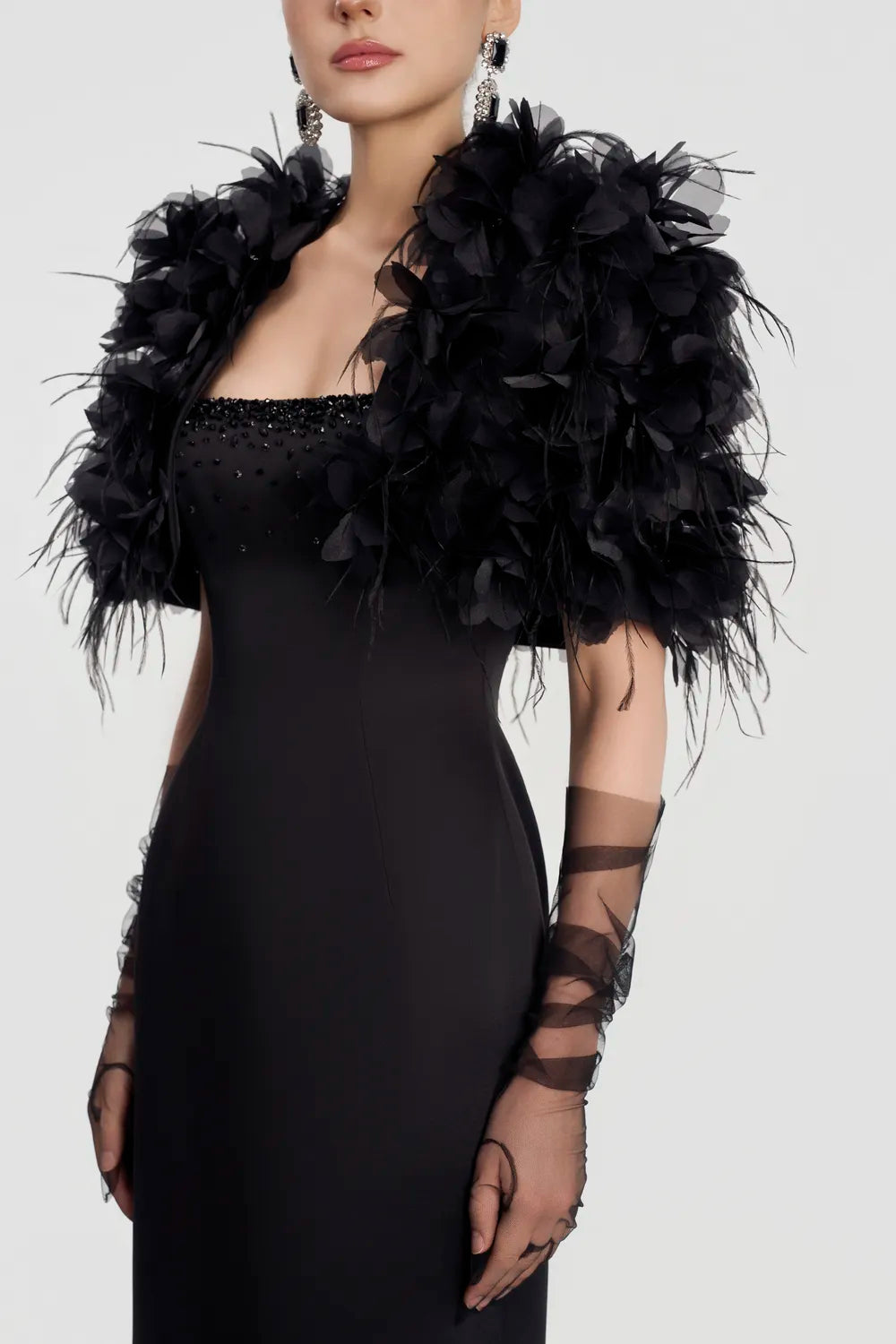 3D Floral Feather Cropped Cape With Straight Dress Set - TRACY COUTURE