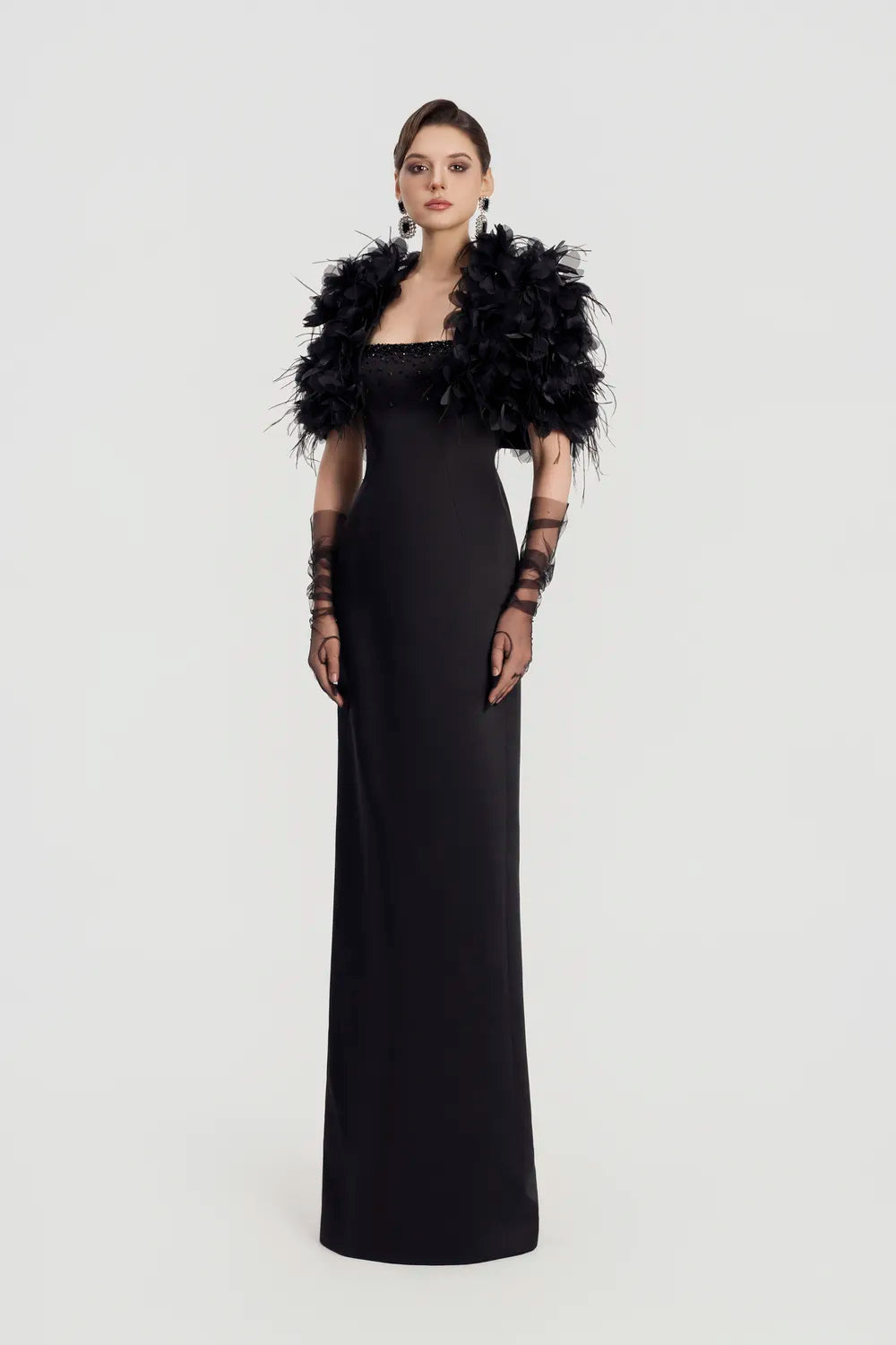 3D Floral Feather Cropped Cape With Straight Dress Set - TRACY COUTURE